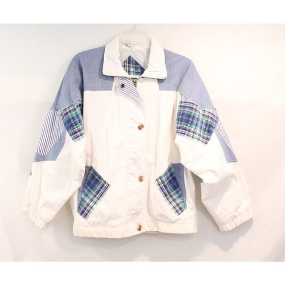 G4000 Jackets & Blazers - G4000 Vintage Patchwork Jacket Oversize S White Lined Hidden Full Zip Snap Up